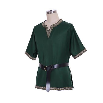 Medieval Men's Black Short  Sleeve Tunic with Gold Embroidered Trim and Black Belt for Cosplay Themed Events  Halloween Christmas or Parties