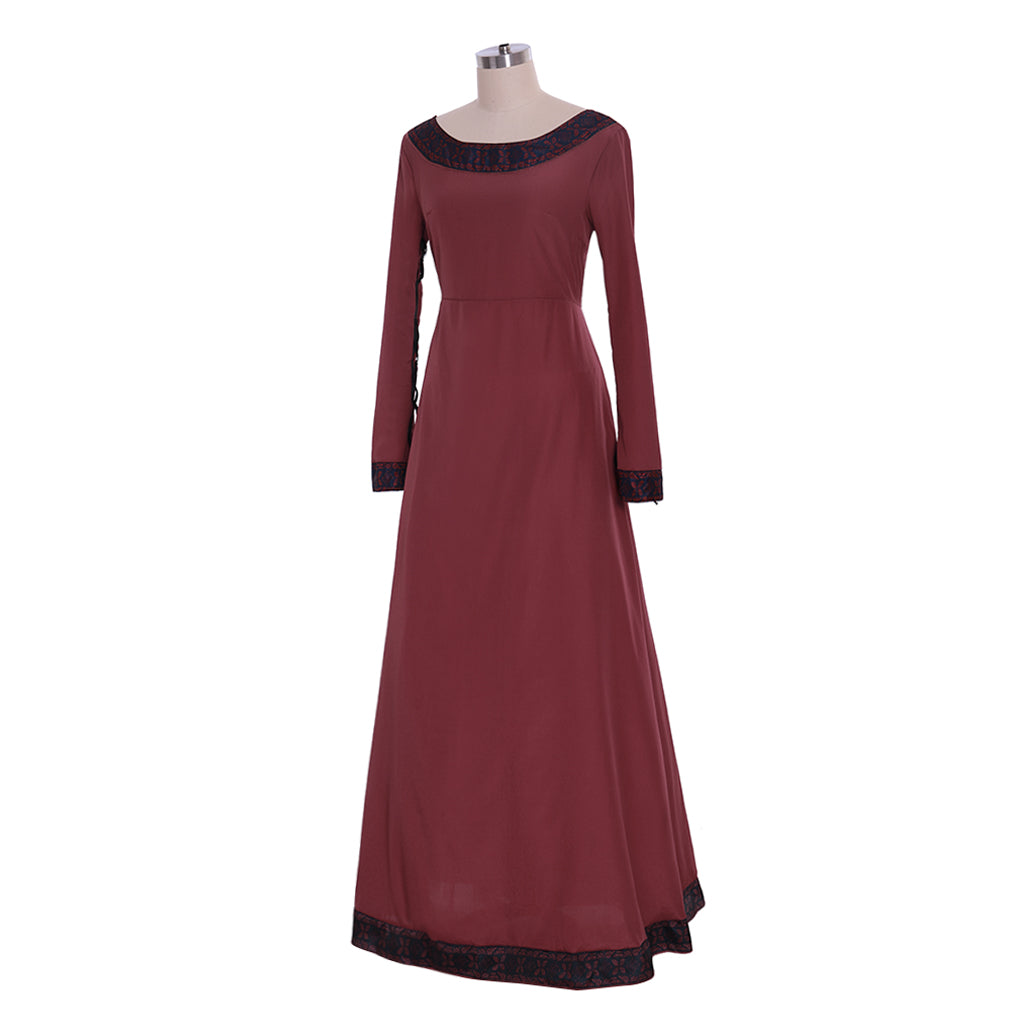 Medieval Women Renaissance Red And Black Trim Cosplay Costume Adult Vintage Court Long Sleeve Round Neck Maxi Dress Ladies Halloween Christmas