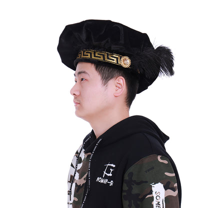 Medieval Black Hat with Gold Greek Key Pattern Trim