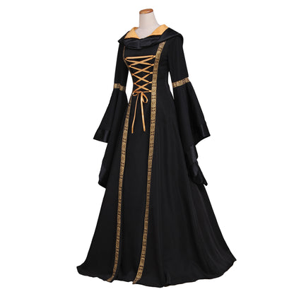 Medieval Women Gothic Black Cosplay Costume Adult Renaissance Ancient Gown With Lace - Up Long Sleeve Victorian Ladies Halloween Christmas Maxi Dress