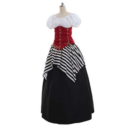 Medieval Women Viking Red Black And White Striped Cosplay Costume Adult Renaissance Ancient Gown Norse Gothic Ladies Halloween Christmas Dress