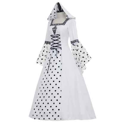 Medieval Women Victorian Renaissance Cosplay Costume Gothic Steampunk Hooded Square Neck Polka Dot Flared Sleeve Corset Style White Black Gown Adult Ladies Halloween Christmas Dress
