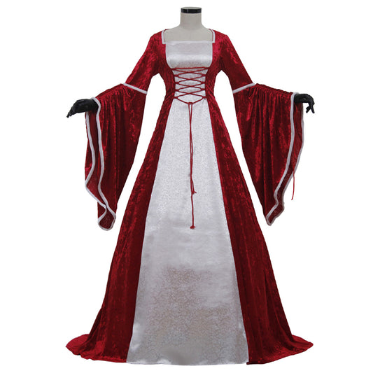 Medieval Renaissance Cosplay Costume Long Flared Sleeve Corset Style Red Silver Gown Adult Ladies Halloween Renaissance Festival Dress
