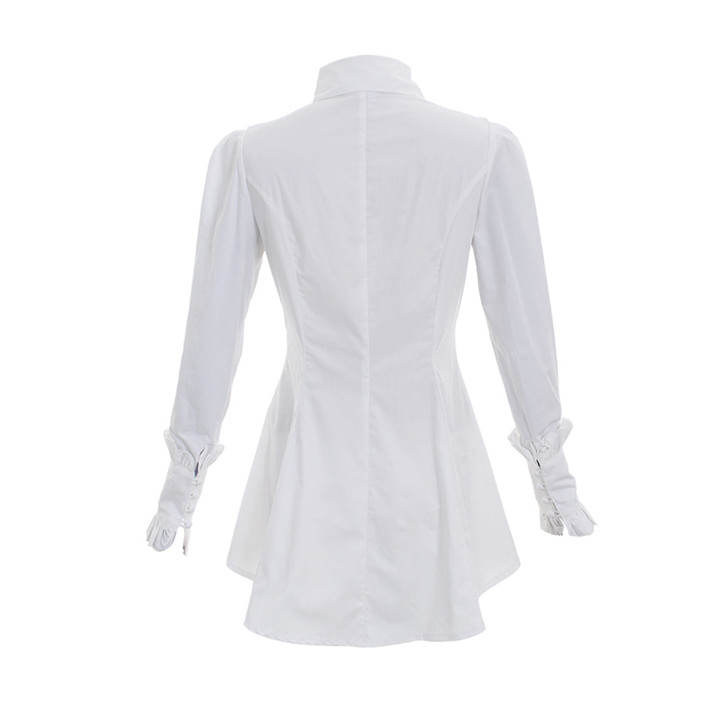 Medieval Gothic Women Black Ruffled Collared Long Sleeve Asymmetrical Hem Tunic Top Cosplay Costume