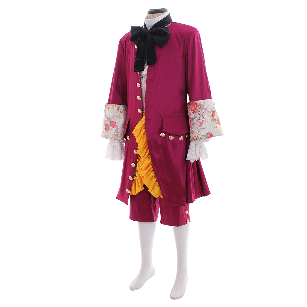 Men's Renaissance Burgundy Frock Coat with Floral Embroidered Cuffs, Yellow Accents and Black Cravat Paired with Breeches for Cosplay or Themed Events Halloween Christmas or Themed Parties