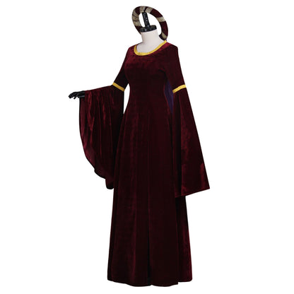 Medieval Vintage Regency Dress Round Neck Burgundy Velvet Gown With Gold Trim Long Flared Sleeve Renaissance Cosplay Costume Adult Ladies Halloween Christmas Dress