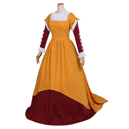 Medieval Women Renaissance Victorian Cosplay Costume Long Sleeve White Trimmed Contrast Trimmed Color Block Mustard Yellow Burgundy Gown Adult Ladies Halloween Christmas Dress