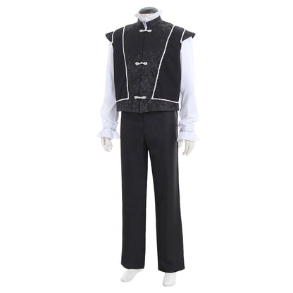 Medieval Men's Black Vest with Silver Trim and White Shirt Costume for Cosplay Themed Events Halloween Christmas or Themed Parties