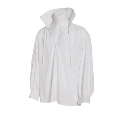 Medieval White High Collar Drawstring V-Neck Balloon Sleeve Blouse  for Historical Reenactments Cosplay Events Halloween Christmas or Parties
