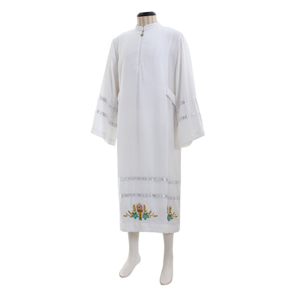 Medieva Men's White Liturgical Robe with Silver Trim and Embroidered Wheat  Floral Motifs