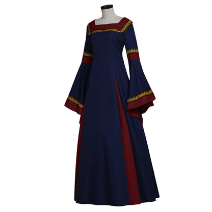 Medieval Vintage Regency Dress Square Neck Navy Blue Red Gown Medieval Cosplay Costume Long Sleeve With Trim Renaissance Gown Women Cosplay Costume Adult Ladies Halloween Christmas Dress