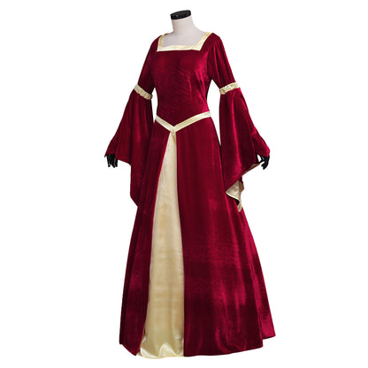 Medieval Women Renaissance Victorian Cosplay Costume Flared Long Sleeve Cream Trimmed Color Block Red Cream Gown Adult Ladies Halloween Christmas Dress
