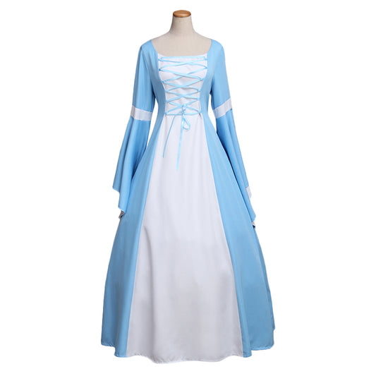 Medieval Women Renaissance Victorian Cosplay Costume Flared Long Sleeve Blue Trimmed Color Block Light Blue White Lace Up Gown Adult Ladies Halloween Christmas Dress