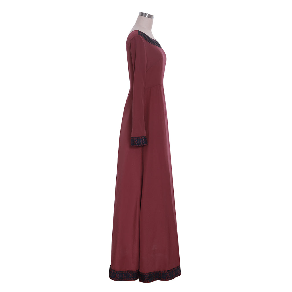 Medieval Women Renaissance Red And Black Trim Cosplay Costume Adult Vintage Court Long Sleeve Round Neck Maxi Dress Ladies Halloween Christmas