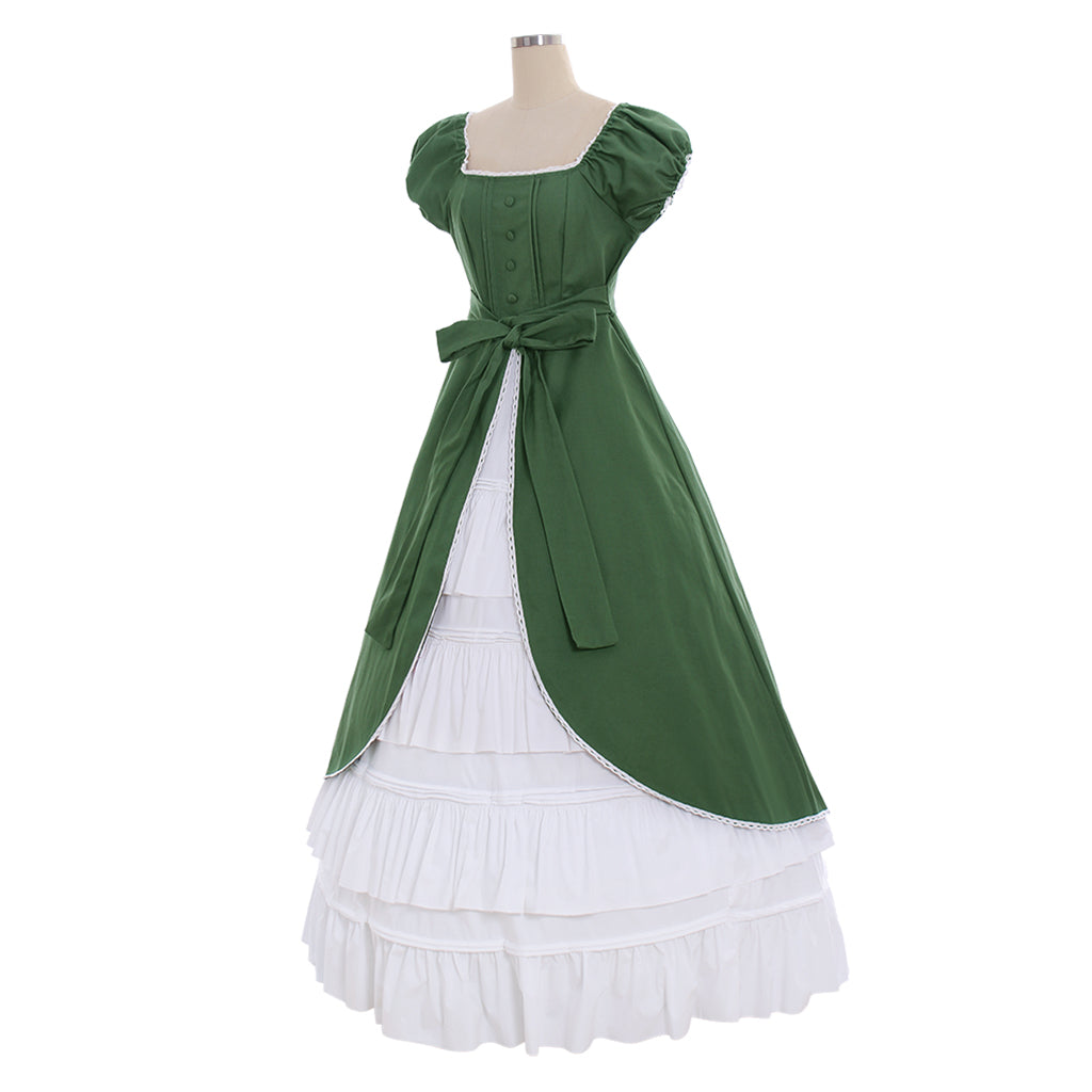 Medieval Women Renaissance Green And White Cosplay Costume Adult Vintage Court Bow Tie Puff Sleeve Square Neck Maxi Dress Ladies Halloween Christmas