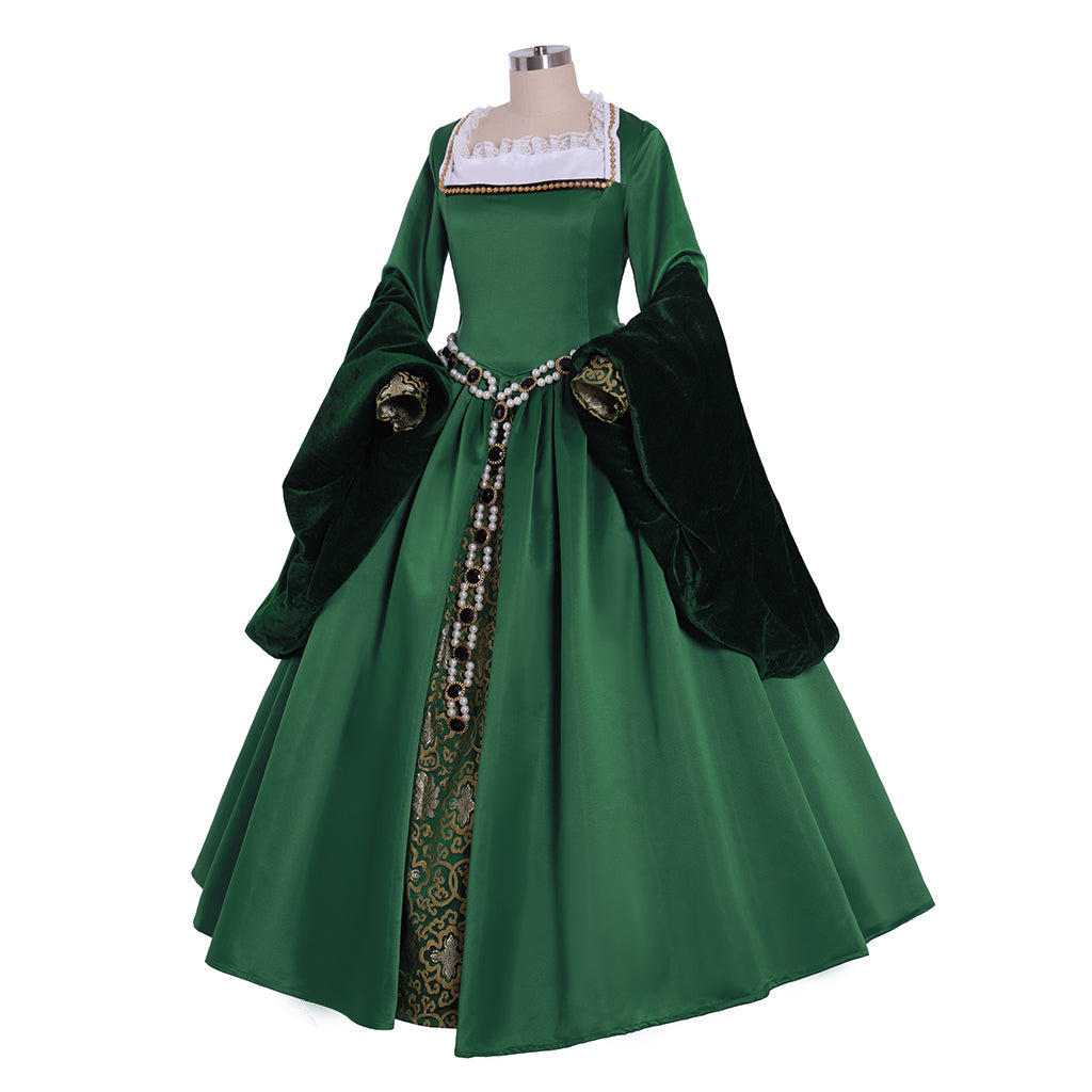 IllusionCos Tudor Dynasty Medieval Court Dress Renaissance Inspired Gown Prom Outfit Green Gold-Embroidered Square Neckline Puff Sleeve Women's  Halloween Carnival Valentine's Day Party Evening Dress Masquerade Adults' Dress All