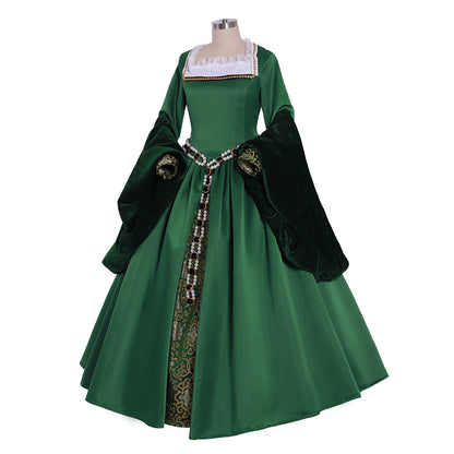 IllusionCos Tudor Dynasty Medieval Court Dress Renaissance Inspired Gown Prom Outfit Green Gold-Embroidered Square Neckline Puff Sleeve Women's  Halloween Carnival Valentine's Day Party Evening Dress Masquerade Adults' Dress All