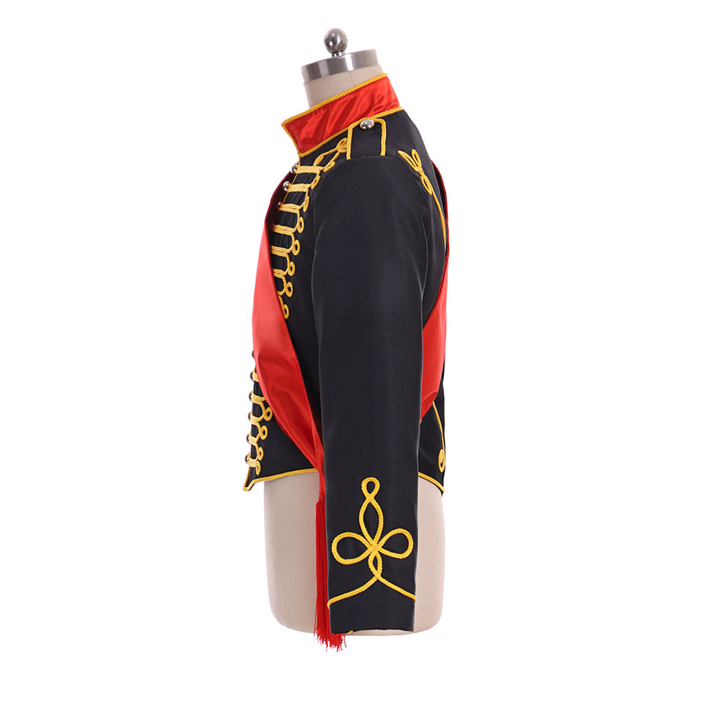 Military Inspired Men's Black Jacket with Gold Trim and Red Sash for Cosplay or Themed Events Halloween Christmas or Themed Parties