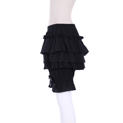 Medieval Gothic Black Lolita Ruffled Bloomers with Multi-Layered Lace Panels and Bow Accents