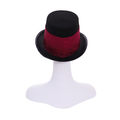 Victorian-Inspired Black Top Hat with Red Brocade Band