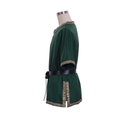 Medieval Men's Black Short  Sleeve Tunic with Gold Embroidered Trim and Black Belt for Cosplay Themed Events  Halloween Christmas or Parties