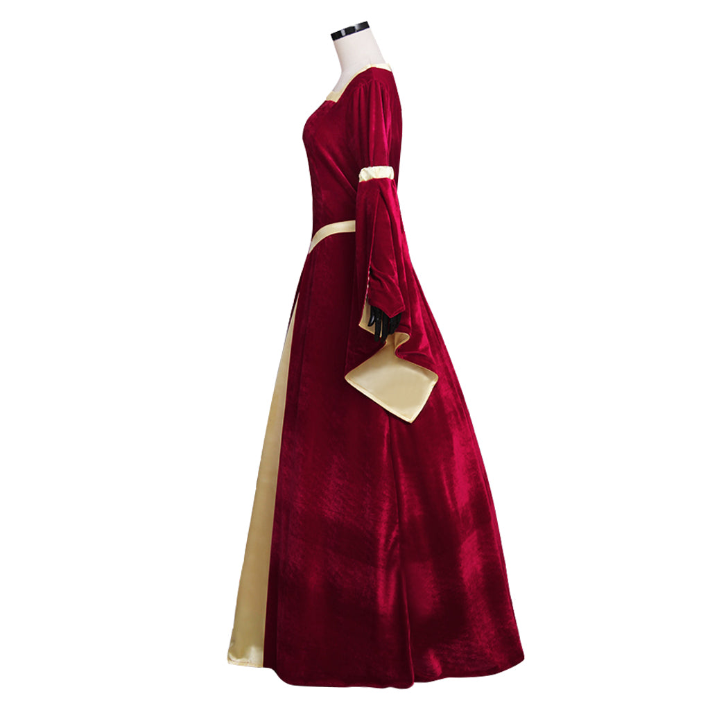 Medieval Women Renaissance Victorian Cosplay Costume Flared Long Sleeve Cream Trimmed Color Block Red Cream Gown Adult Ladies Halloween Christmas Dress
