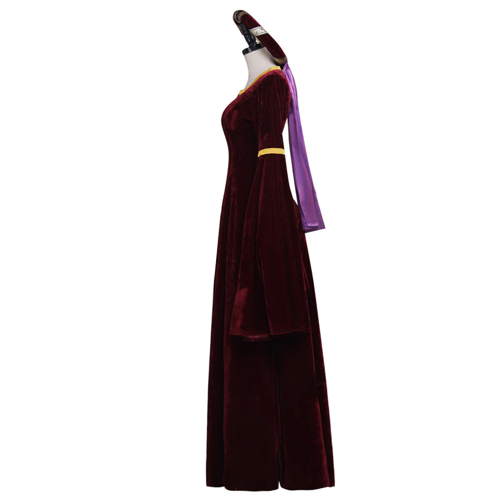 Medieval Vintage Regency Dress Round Neck Burgundy Velvet Gown With Gold Trim Long Flared Sleeve Renaissance Cosplay Costume Adult Ladies Halloween Christmas Dress