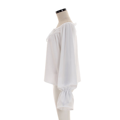 Medieval Renaissance White Off  Shoulder Tie  Front Blouse with Balloon Sleeves  Vintage Cosplay Costume Top