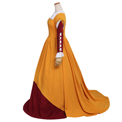 Medieval Women Renaissance Victorian Cosplay Costume Long Sleeve White Trimmed Contrast Trimmed Color Block Mustard Yellow Burgundy Gown Adult Ladies Halloween Christmas Dress