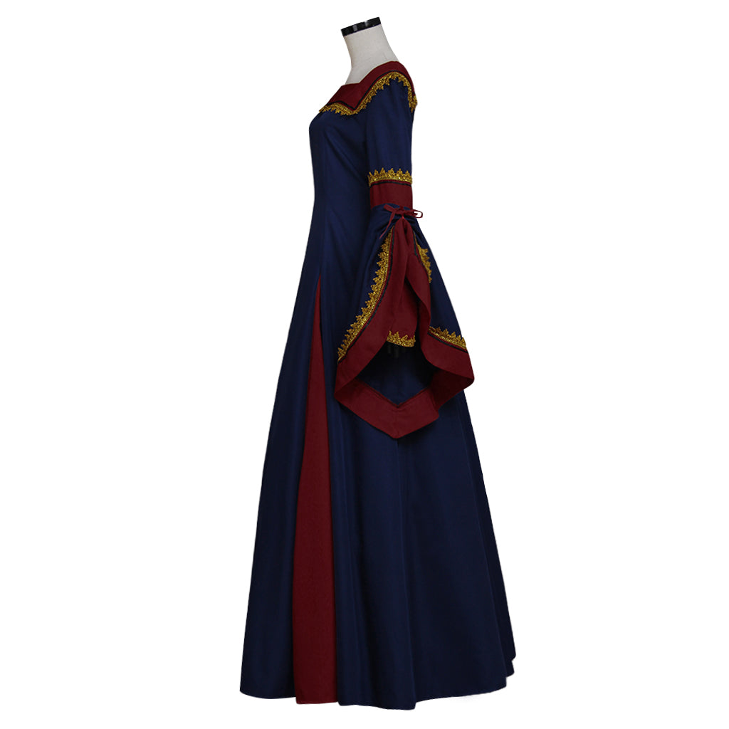 Medieval Vintage Regency Dress Square Neck Navy Blue Red Gown Medieval Cosplay Costume Long Sleeve With Trim Renaissance Gown Women Cosplay Costume Adult Ladies Halloween Christmas Dress