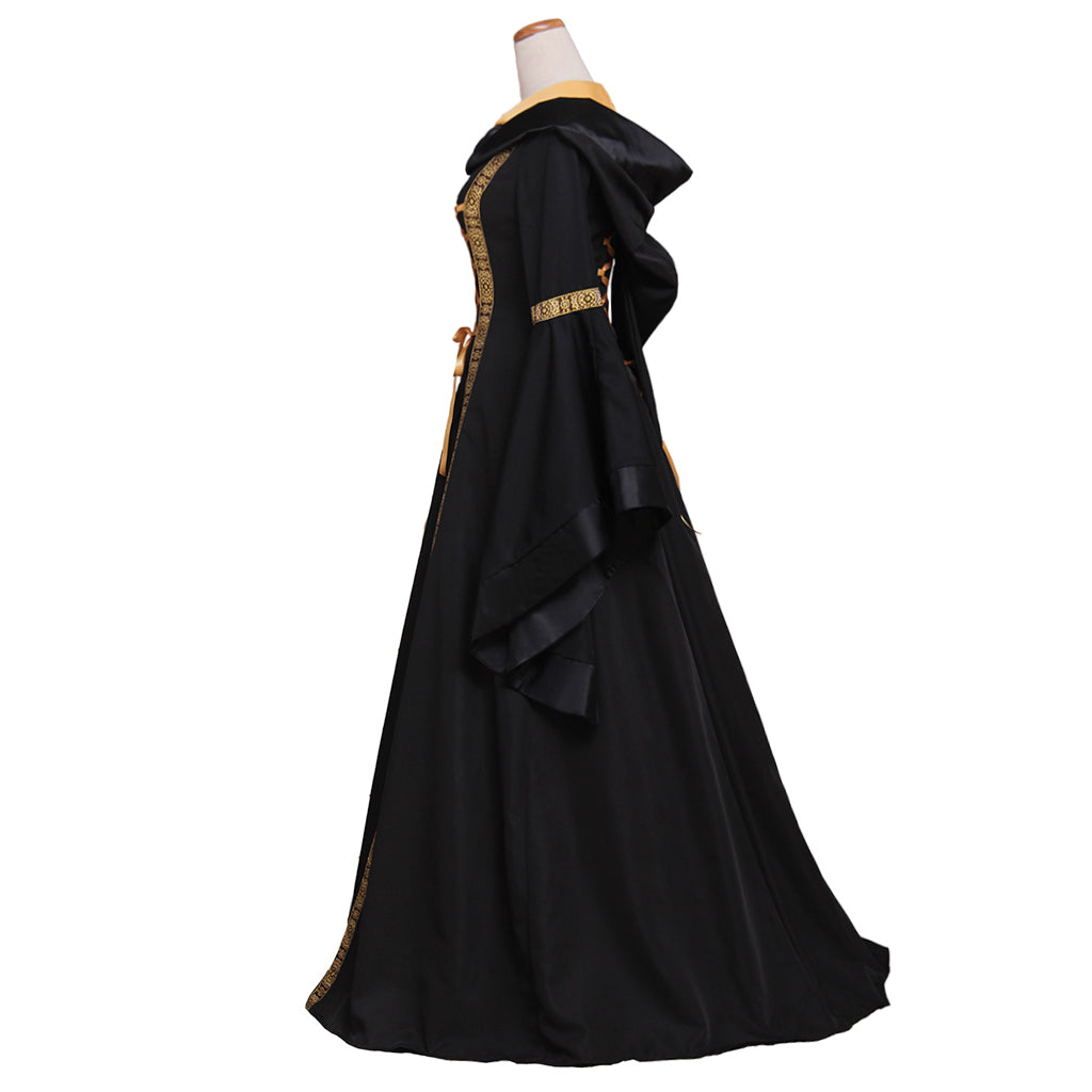 Medieval Women Gothic Black Cosplay Costume Adult Renaissance Ancient Gown With Lace - Up Long Sleeve Victorian Ladies Halloween Christmas Maxi Dress