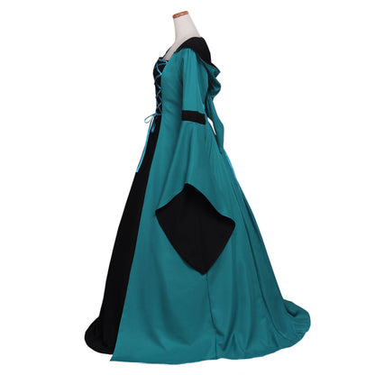 Medieval Women Renaissance Victorian Cosplay Costume Flared Long Sleeve Contrast Trimmed Color Block Teal Black Gown Adult Ladies Halloween Christmas Dress