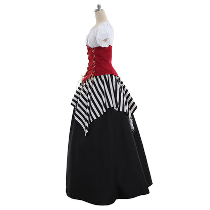 Medieval Women Viking Red Black And White Striped Cosplay Costume Adult Renaissance Ancient Gown Norse Gothic Ladies Halloween Christmas Dress