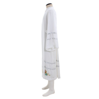 Medieva Men's White Liturgical Robe with Silver Trim and Embroidered Wheat  Floral Motifs