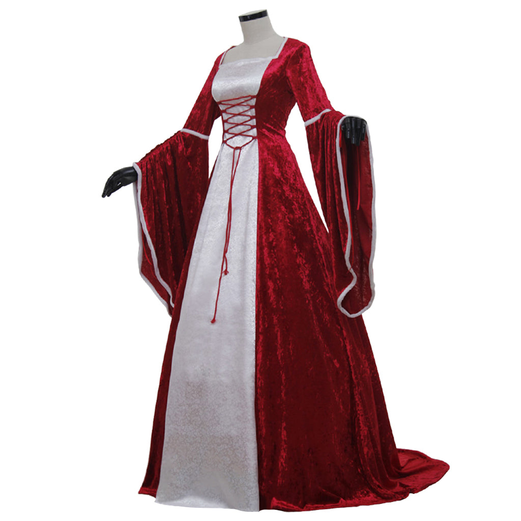 Medieval Renaissance Cosplay Costume Long Flared Sleeve Corset Style Red Silver Gown Adult Ladies Halloween Renaissance Festival Dress