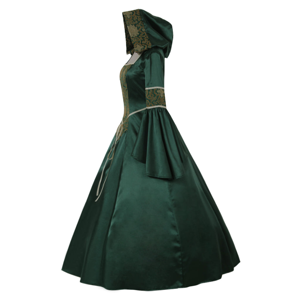 Medieval Women Renaissance Victorian Cosplay Costume Hooded Long Sleeve Lace Embroidered Tie Waist Green Gown Adult Ladies Halloween Christmas Dress