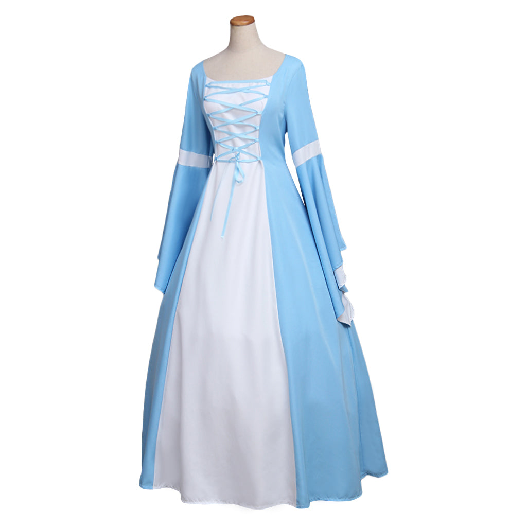 Medieval Women Renaissance Victorian Cosplay Costume Flared Long Sleeve Blue Trimmed Color Block Light Blue White Lace Up Gown Adult Ladies Halloween Christmas Dress