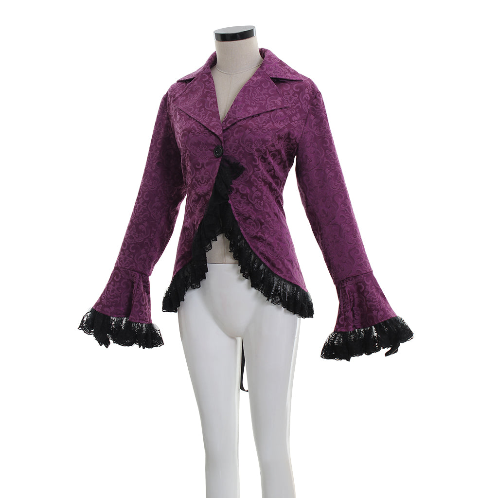 Medieval Gothic Purple Brocade Jacket Flared Sleeves with Black Lace Trim Renaissance Vintage Cosplay Costume Coat