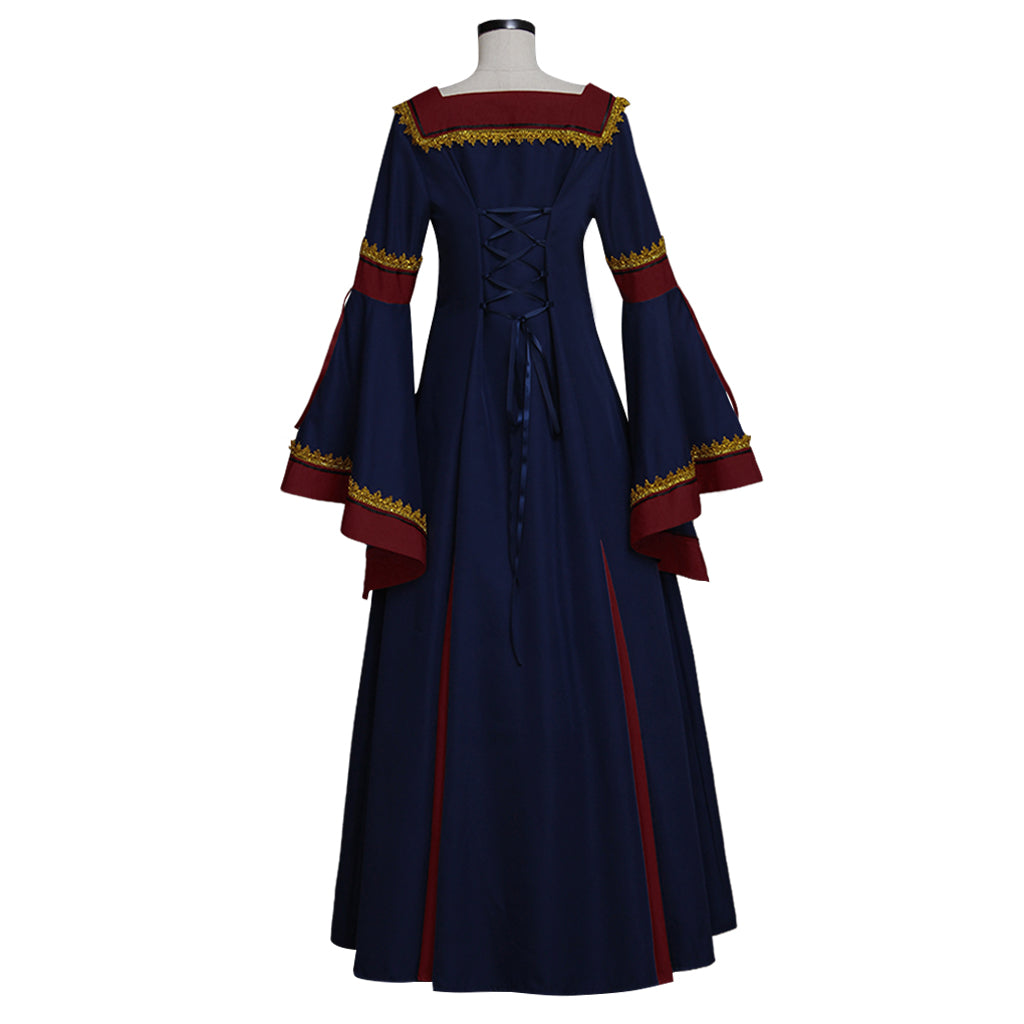 Medieval Vintage Regency Dress Square Neck Navy Blue Red Gown Medieval Cosplay Costume Long Sleeve With Trim Renaissance Gown Women Cosplay Costume Adult Ladies Halloween Christmas Dress
