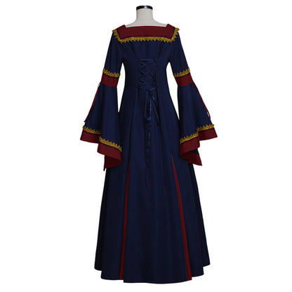 Medieval Vintage Regency Dress Square Neck Navy Blue Red Gown Medieval Cosplay Costume Long Sleeve With Trim Renaissance Gown Women Cosplay Costume Adult Ladies Halloween Christmas Dress