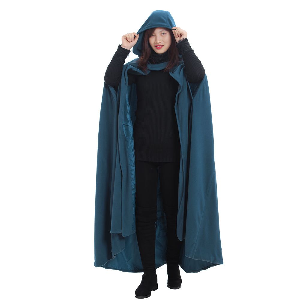 Medieval-Inspired Teal Hooded Full-Length Cloak with Button Closure Gothic Ladies Halloween Party Outerwear