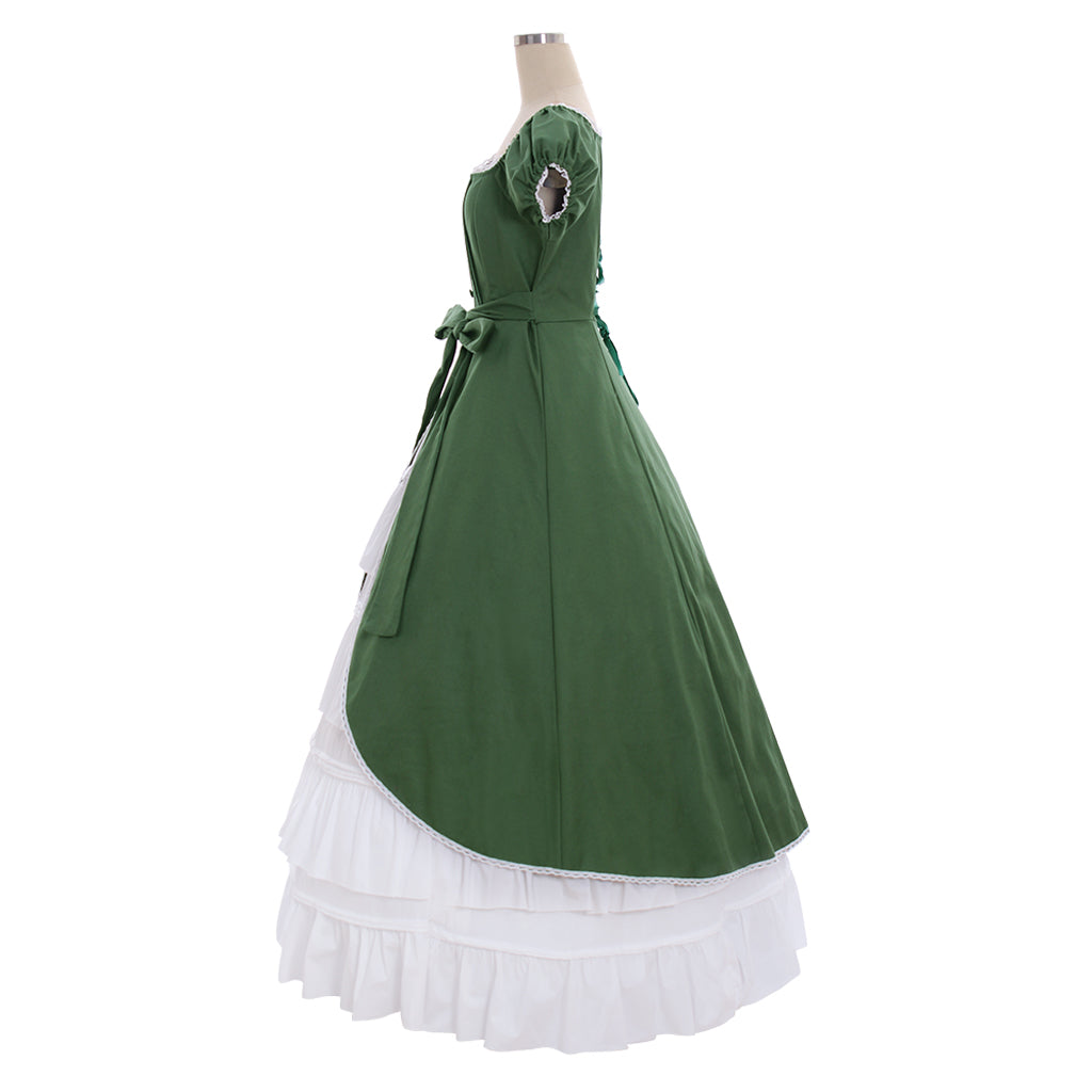 Medieval Women Renaissance Green And White Cosplay Costume Adult Vintage Court Bow Tie Puff Sleeve Square Neck Maxi Dress Ladies Halloween Christmas