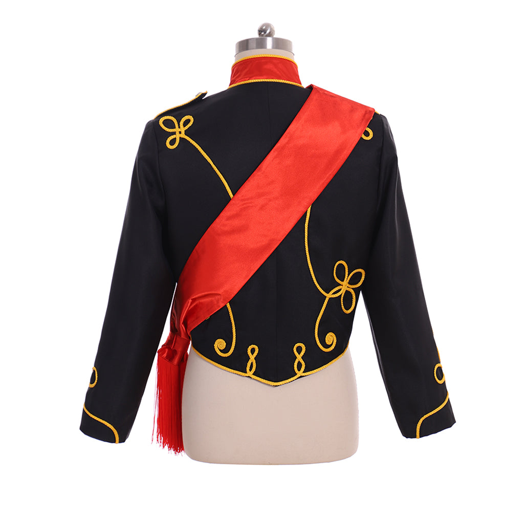 Military Inspired Men's Black Jacket with Gold Trim and Red Sash for Cosplay or Themed Events Halloween Christmas or Themed Parties