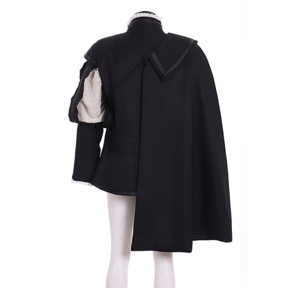 Men's Renaissance Black Coat with Asymmetric Cloak and Silver Buttons for Cosplay or Themed Events Halloween Christmas or Themed Parties