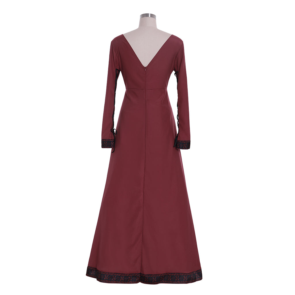Medieval Women Renaissance Red And Black Trim Cosplay Costume Adult Vintage Court Long Sleeve Round Neck Maxi Dress Ladies Halloween Christmas