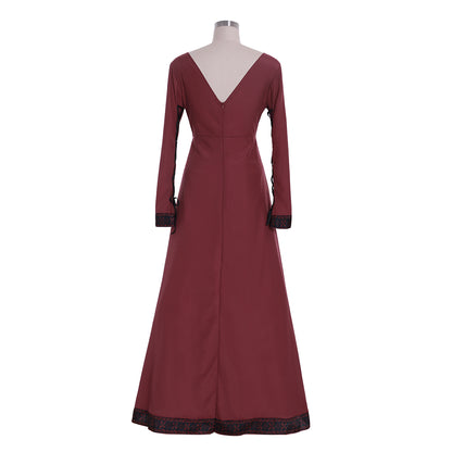 Medieval Women Renaissance Red And Black Trim Cosplay Costume Adult Vintage Court Long Sleeve Round Neck Maxi Dress Ladies Halloween Christmas
