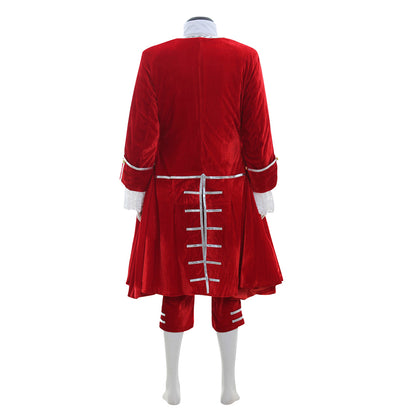 Medieval Men's Red Coat with White Ruffles and Red Breeches Costume for Cosplay Themed Events Halloween Christmas or Themed Parties