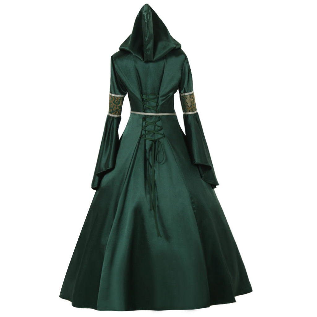 Medieval Women Renaissance Victorian Cosplay Costume Hooded Long Sleeve Lace Embroidered Tie Waist Green Gown Adult Ladies Halloween Christmas Dress