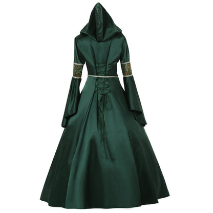 Medieval Women Renaissance Victorian Cosplay Costume Hooded Long Sleeve Lace Embroidered Tie Waist Green Gown Adult Ladies Halloween Christmas Dress