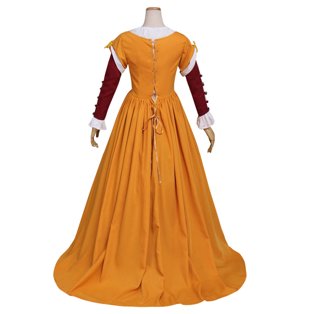 Medieval Women Renaissance Victorian Cosplay Costume Long Sleeve White Trimmed Contrast Trimmed Color Block Mustard Yellow Burgundy Gown Adult Ladies Halloween Christmas Dress